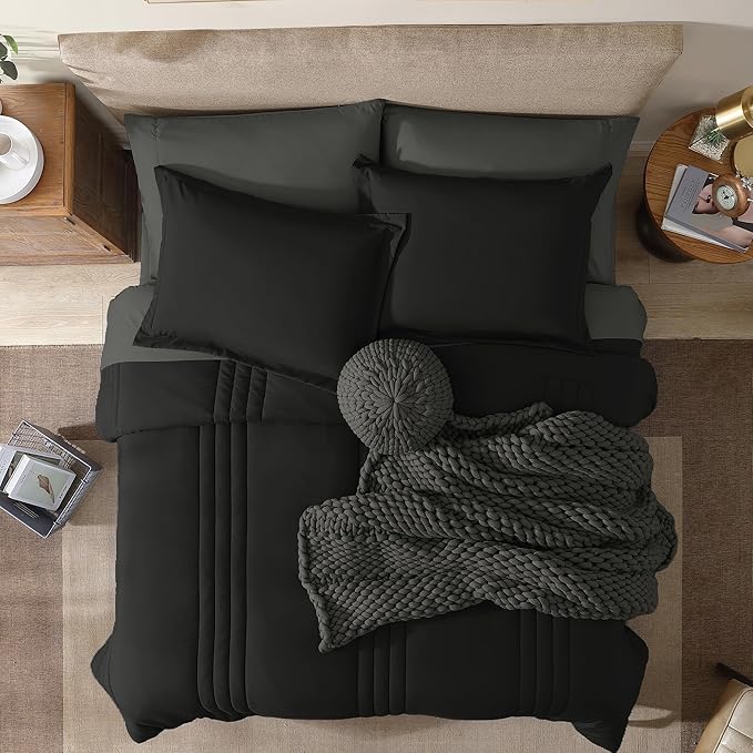 Monbix California King Size Comforter Set - 7 Pieces Bed in a Bag California King, Black Bedding Sets with Comforter, All Seasons Comforter Bed Set with Sheets, Pillowcases & Shams