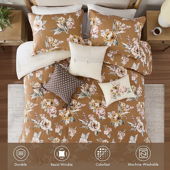 Madison Park Vintage Floral Reversible Comforters King Size Bed, All Season, Down Alternative Bedding Comforter, Bedskirt, Pillows, Shams, Salara, Queen Terracotta 7 Piece | Reversible