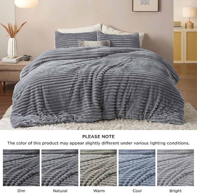 Bedsure Cal King Comforter Set - GentleSoft™ 3 Pieces Double-Side Fleece Fluffy Grey Comforter Set, Cozy Striped Room Decor Aesthetic, Luxury Cal King Bedding, 2 Pillowcases, 104x96 Inches
