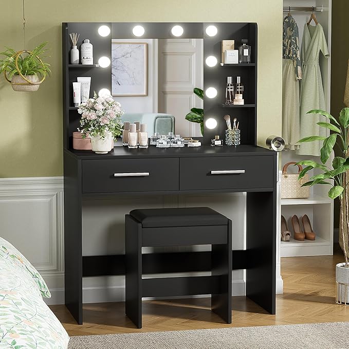 YESHOMY Vanity Desk with Mirror, Makeup Table with 2 Large Drawers, Power Outlet and Round Holder, 3 Color Modes Adjustable Bulb, Bench Included, Pure Black