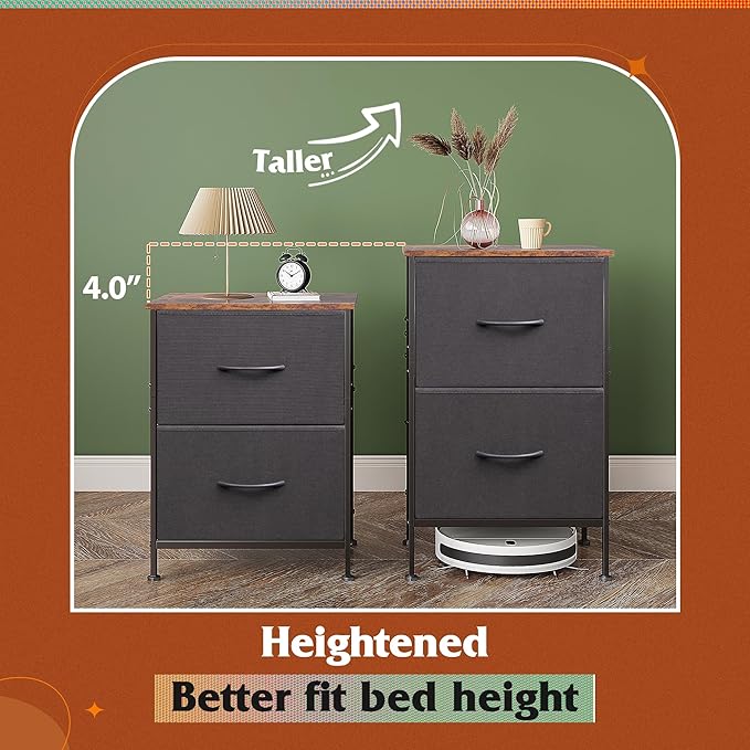 WLIVE Nightstand, Nightstand with 2 Drawers, Bedside Furniture, Night Stand, Small Dresser for Bedroom, College Dorm, End Table with Fabric Bins, Dormitory, Black and Rustic Brown