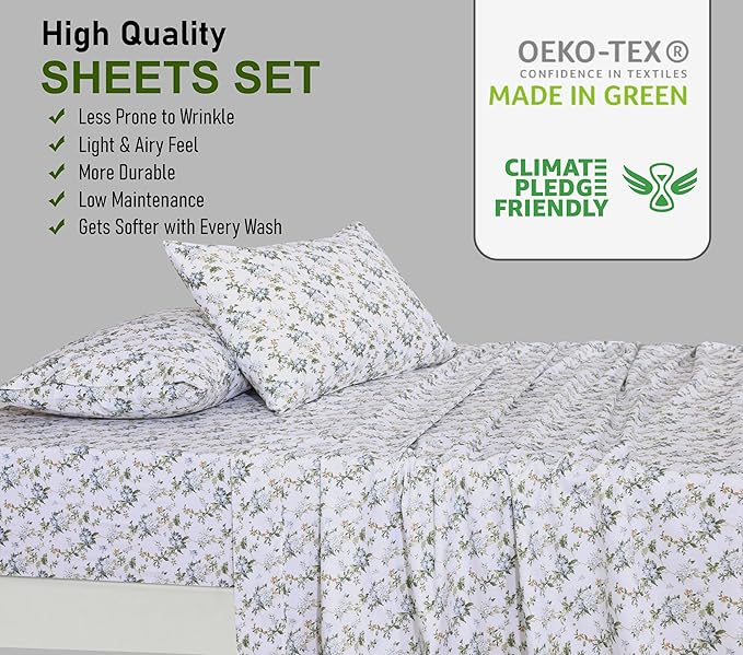 RUVANTI 100% Cotton Sheets – Queen Size Percale Bedding, Cooling & Breathable Floral Design, Durable with a Crisp, Soft & Comfortable Feel, 16" Deep Pocket, 4-Piece Set, Heritage