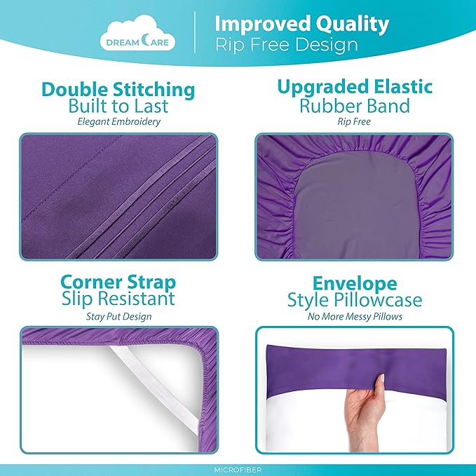 DREAMCARE California King Sheet Sets - 6 pcs Breathable Cooling Bed Sheets - up to 15" Deep California King Sheets with Side Pockets -Extra Soft 100% Brushed Hypoallergenic Hotel Luxury Bedding Purple
