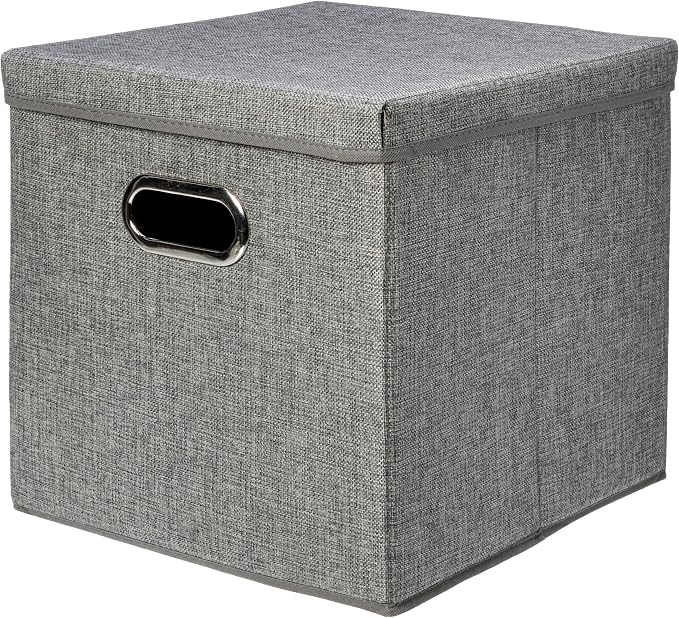 Amazon Basics Foldable Burlap Cloth Cube Storage Bins with Lid, Collapsible Organizing Containers, Stackable and Sturdy, Gray, Set of 2 - Image 2