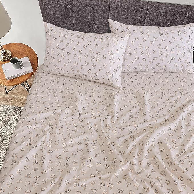 RUVANTI 100% Cotton Sheets – Full Size Percale Bedding, Cooling & Breathable Floral Design, Durable with a Crisp, Soft & Comfortable Feel, 16" Deep Pocket, 4-Piece Set, Twin Spring