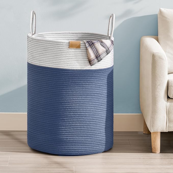 Nunsino Laundry Hamper 95L,Large Laundry Basket for Clothes,Decorative Storage Basket for Blankets,Cotton Rope Woven basket for bedroom,Navy Blue by Nunsino