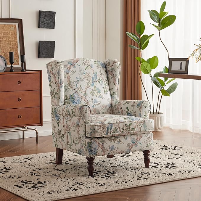 MELLCOM Floral Accent Chair, High Back Upholstered Armchair with Solid Legs, Leisure Single Sofa Chair for Living Room, Bedroom, Home Office, Light Blue Floral&Bird