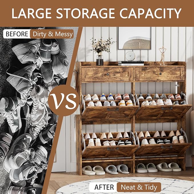 Shoe Cabinet with 4 Flip Drawers & 2 Top Drawers, 43" Tall Freestanding Narrow Wooden Shoe Storage Organizer for Entryway, Hidden Slim Shoe Rack for Front Door Entrance, Hallway, Living Room, Brown - Image 7