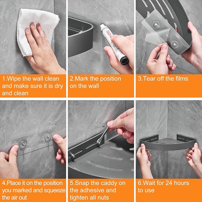 DUFU Adhesive Corner Shower Caddy with Hooks,Bathroom Shower Organizer, No Drilling Rust Proof Aluminum Shower Shelf for Inside Shower 2 Pack (Grey) - Image 6