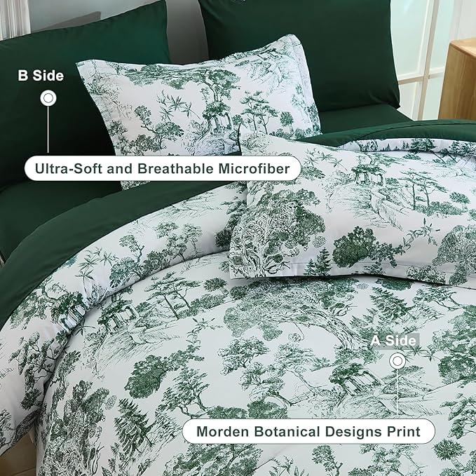 DJY King Size Comforter Sets, Green Botanical Comforters with Sheets 7 Pieces Bed in a Bag King Elegant Plants Print Soft Microfiber Reversible Complete Bedding Sets for All Season