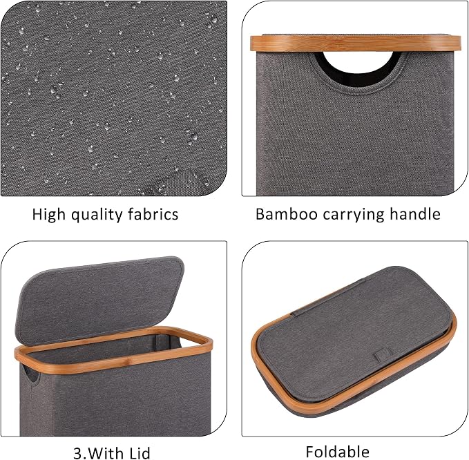 Slim Laundry Basket,60L Laundry Hamper with Lid, Tall Hamper for Laundry,Dirty Cloth Hamper with Bamboo Handle for Toys,Towels, Clothes Organizing,Grey - Image 2