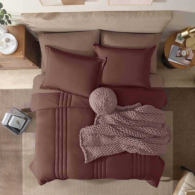 Monbix King Size Comforter Set - 7 Pieces Bed in a Bag King, Dark Red Bedding Sets with Comforter, All Seasons Comforter Bed Set with Sheets, Pillowcases & Shams