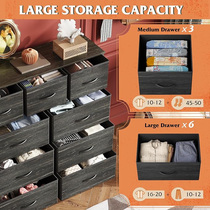 WLIVE 9-Drawer Dresser, Fabric Storage Tower for Bedroom, Entryway, Closet, Tall Chest Organizer Unit with Fabric Bins, Steel Frame, Wood Top, Easy Pull Handle, Charcoal Black Wood Grain Print - Image 5