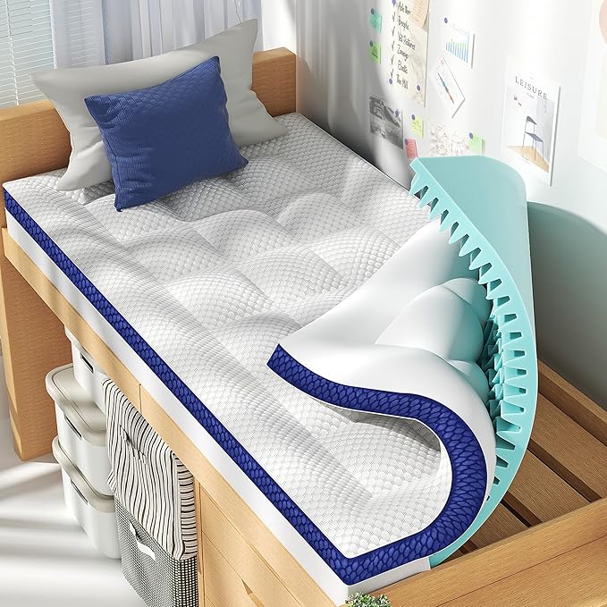 BEDELITE Twin XL Mattress Topper College Dorm Room Essentials, Dual Layer 4 Inch Memory Foam Mattress Topper, Pilow Top Mattress Pad and Premium Gel Foam Mattress, Fits Twin XL Mattress