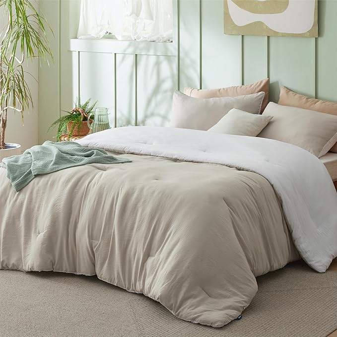 Bedsure King Comforter Set, Beige White Soft Prewashed Bedding for All Seasons, 3 Pieces GentleSoft™ Bed Set, 1 Lightweight Comforter (104"x90") and 2 Pillowcases (20"x36")