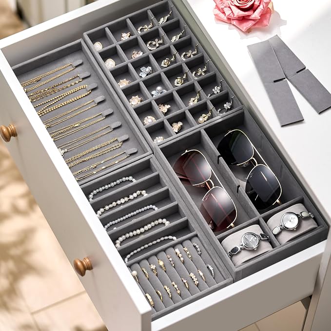 Velvet Jewelry Drawer Organizer Trays – Grey Stackable Jewelry Storage Inserts Set, 4-Layer Jewelry Tray Set for Earrings, Rings, Necklaces, Bracelets with Removable Dividers for Dresser & Vanity - Image 4