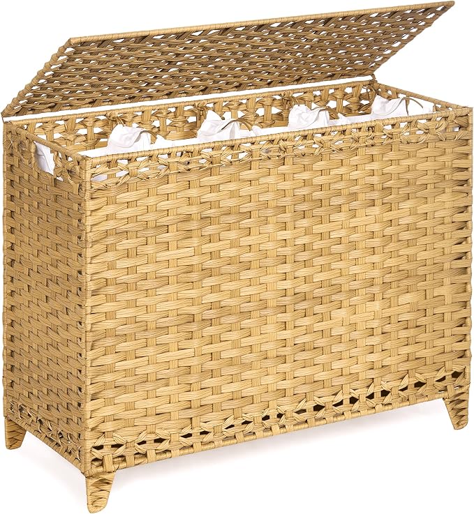 Laundry Hamper with 4 Removable Liner Bags; 176L Handwoven Rattan Laundry Basket with Lid & Heightened Feet; Clothes Hamper with Side Handles by Hermina