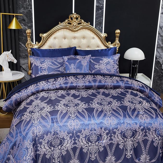Jacquard King Comforter Set Blue Satin Sheet Set Elegant Bedding Set 8 Pcs Vintage Neoclassical Floral Bed Home Decor Soft Comforter Luxury Hotel Silky Bed in a Bag with 1 Cushion Cover