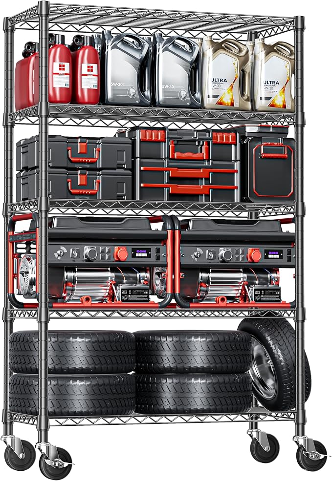 IZEUK 5-Tier Adjustable Heavy Duty Steel Wire Shelving Unit with Wheels, Storage Rack Organizer for Garage, Kitchen, Office, Laundry, Basement (Black, 17.7" D x 47.2" W x 76.7" H, 1750 lbs Capacity) by IZEUK