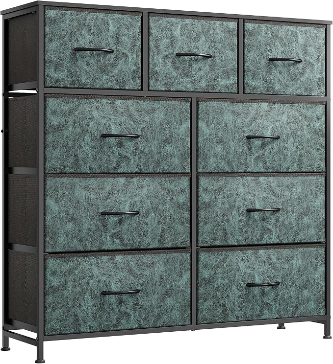 WLIVE 9 Drawer Dresser, Fabric Storage Tower for Bedroom, Hallway, Closet, Tall Chest Organizer Unit for Bedroom with Fabric Bins, Steel Frame, Wood Top, Easy Pull Handle, Vintage Green by WLIVE