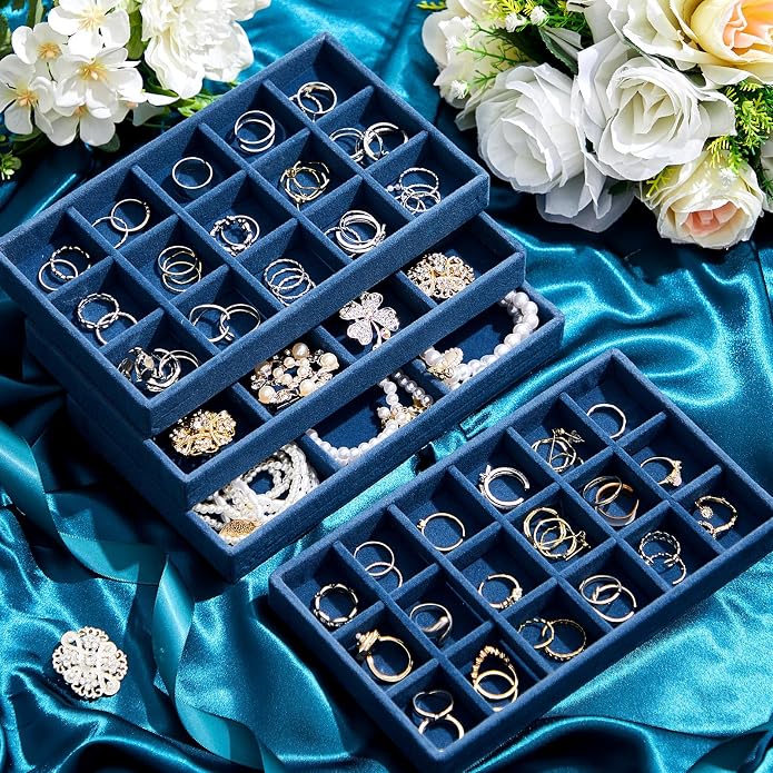 Junkin 12 Pcs Jewelry Tray Velvet Stackable Jewelry Organizer Trays Divided Earring Accessories Storage Containers Box (Rose Red) - Image 3