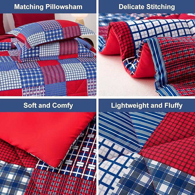 Comforter Set Queen Size Plaid Patchwork Comforter Bedding-7 Piece Bed in a Bag,Soft Reversible Microfiber Bedding Set(1 Comforter,1 Flat Sheet,1 Fitted Sheet,2 Pillowcases,2 Pillow Shams)Red Blue