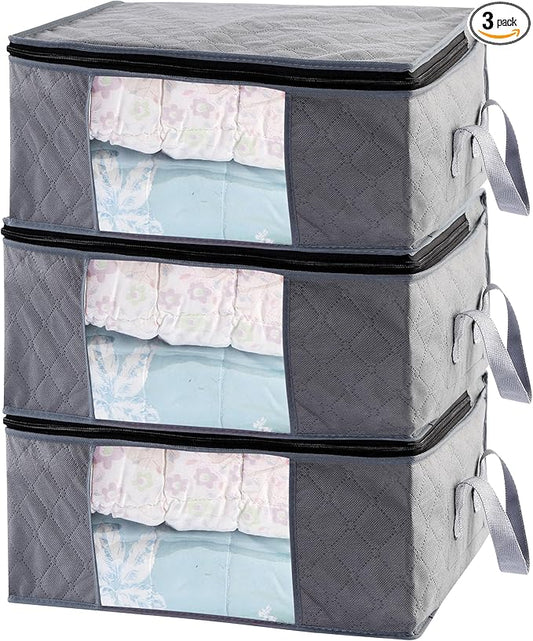 Storage Clothes Bins Closet Bags - 35L Containers Organizer Boxes Clothing Bin Organization for Organizing Blanket Pillow Sheet Sweater, Foldable Bedroom Small Storage Totes With Lids Zipper, 3pc Pack