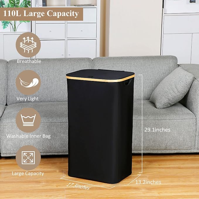 iEGrow Laundry Hamper with Lid, 110L Large Laundry Basket with Handle, Collapsible Clothes Basket Organizer with Removable 2 Inner Bag for Clothes Toys Towels - Black - Image 3