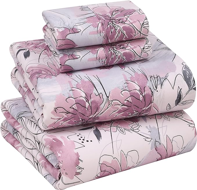 RUVANTI 100% Cotton Sheets – Queen Size Percale Bedding, Cooling & Breathable Floral Design, Durable with a Crisp, Soft & Comfortable Feel, 16" Deep Pocket, 4-Piece Set, Lilac Floral