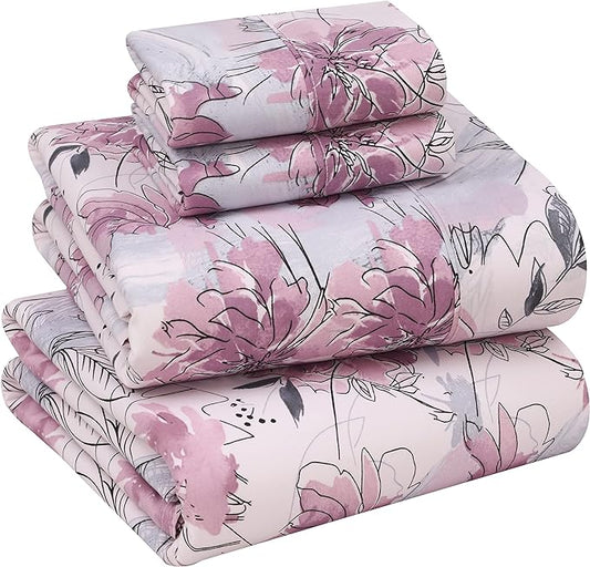 RUVANTI 100% Cotton Sheets – Queen Size Percale Bedding, Cooling & Breathable Floral Design, Durable with a Crisp, Soft & Comfortable Feel, 16" Deep Pocket, 4-Piece Set, Lilac Floral