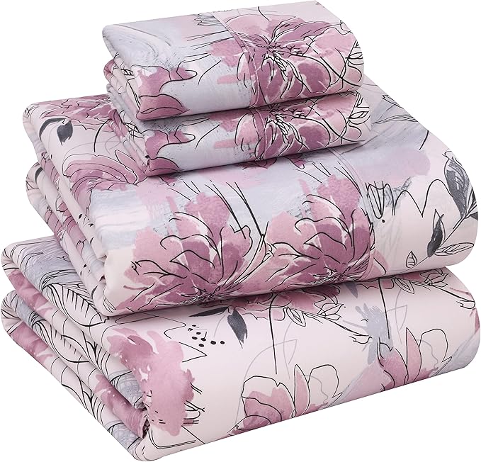 RUVANTI 100% Cotton Sheets – California King Percale Bedding, Cooling & Breathable Floral Design, Durable with a Crisp, Soft & Comfortable Feel, 14" Deep Pocket, 4-Piece Set, Lilac Floral