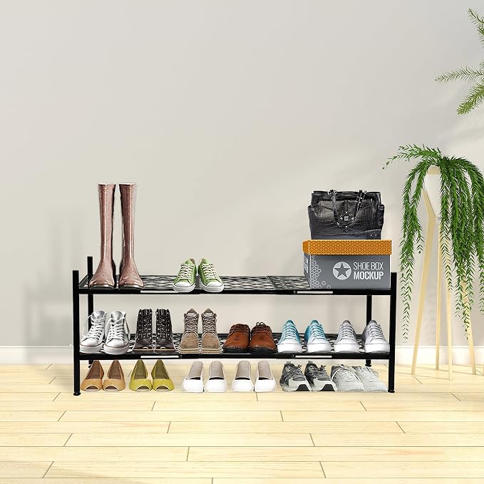 Shoe Rack, 45.6" Expandable Shoes Storage Metal Shoe Shelf Stand 2-Tier Stackable Boot Organizer for Closet, Entryway, Garage, Bedroom, Door Entrance, Black - Image 2