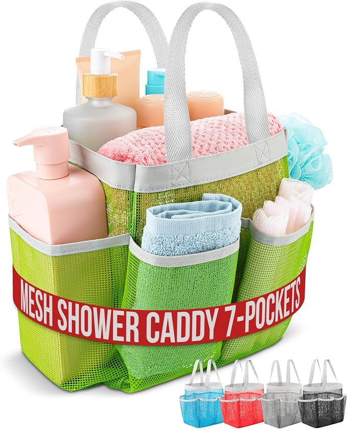Handy Laundry Mesh Shower Caddy – 7 Pocket Portable Shower Caddy for Dorm, Gym, Travel & Bathroom – Quick-Dry Collapsible Organizer Tote Bag for College Essentials, Toiletries & Small Items (Green) by Handy+Laundry