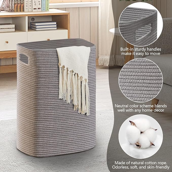MEGASKET Large Laundry Hamper 16"x13"x22" - Tall Woven Laundry Basket, Cotton Rope Dirty Clothes Hamper, Baby Kids Nursery Wicker Laundry Basket, Bedroom Aesthetic, Soft Laundry Bin, Gray Hamper, 75L - Image 2