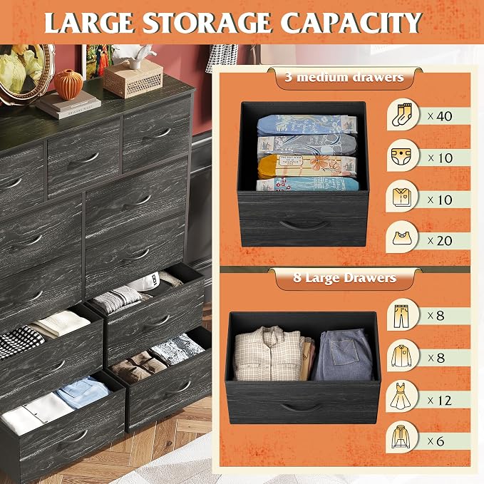 WLIVE Tall Dresser for Bedroom, Fabric Dressers Storage Tower, Dresser & Chest of Drawers with 11 Drawers, Storage Cabinet, Hallway, Closets, Steel Frame, Wood Top, Charcoal Black Wood Grain Print - Image 5