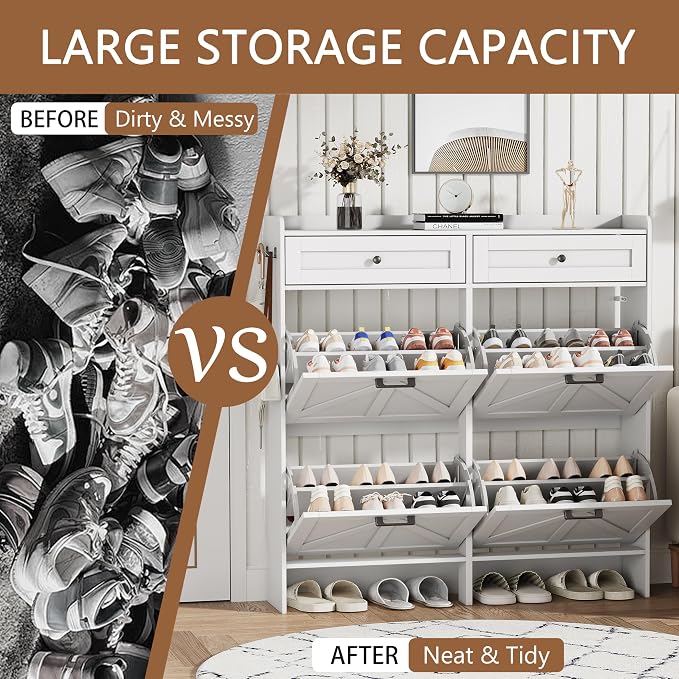 Shoe Cabinet with 4 Flip Drawers & 2 Top Drawers, 43" Tall Freestanding Shoe Storage Organizer for Entryway, Wooden Narrow Hidden Slim Shoe Rack for Front Door Entrance, Hallway, Living Room, White - Image 7