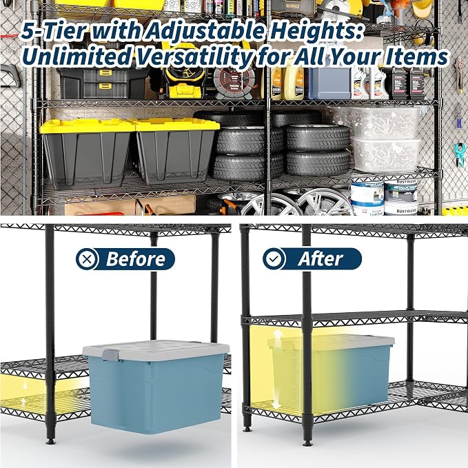 Garvee 71"Wide Storage Shelves Metal Shelving Units 5 Tier, Wire Shelving Rack 1325LBS Heavy Duty Adjustable for Storage, 71"W x 15.8"D x 70.5"H Standing Shelf Unit, for Kitchen Garage Pantry Basement - Image 7