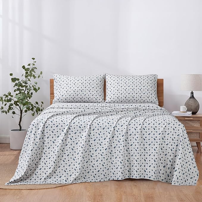 Modern Threads 3-Piece Ultra Soft Microfiber Bed Sheets Set, Wrinkle Free Sheets with Deep Pockets Fitted Sheet, Flat Sheet & Pillowcases, Lightweight Breathable Bedding, Blue Roses, Twin