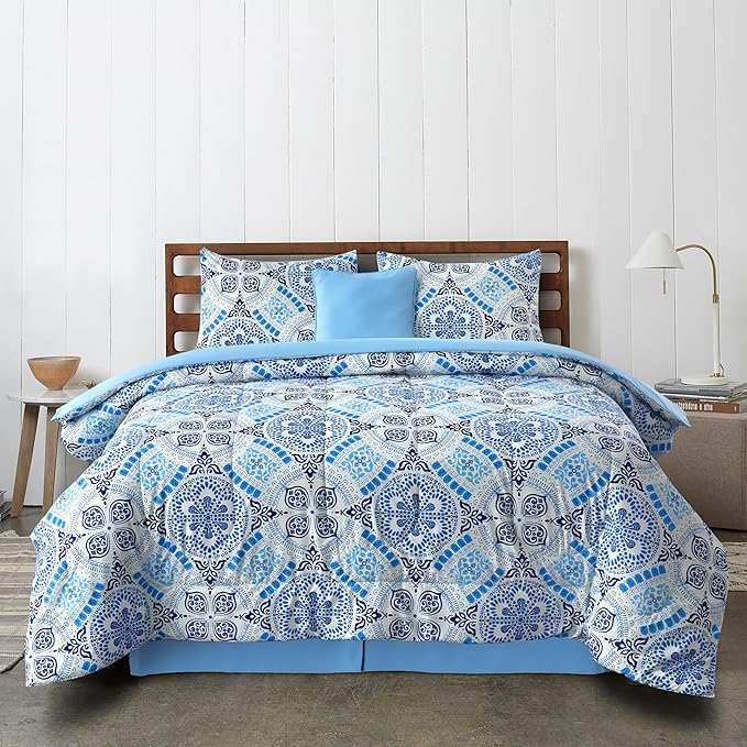 LUX Décor Reversible 5pc King Comforter Set, Printed Bedding Set, All-in-One Bed in a Bag, Includes 1 Comforter, 2 Pillow Shams, 1 Decorative Pillow & 1 Bed Skirt (Aztec Sky,King)