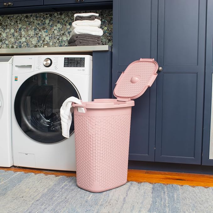 Mind Reader Slim Laundry Hamper with Lid, 60L Tall Clothes Basket, Narrow Tapered Design for Bathrooms, Closets and Laundry Rooms, Plastic, Pink - Image 2