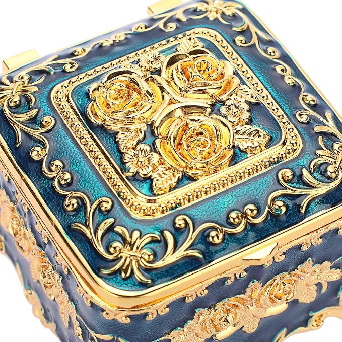 Hipiwe Vintage Metal Jewelry Box - Small Trinket Organizer Ring Box Case with Rose Pattern, Jewelry Storage Box for Ring Earrings Necklace, Keepsake Box for Women, 3"x3"x2.4" - Image 8