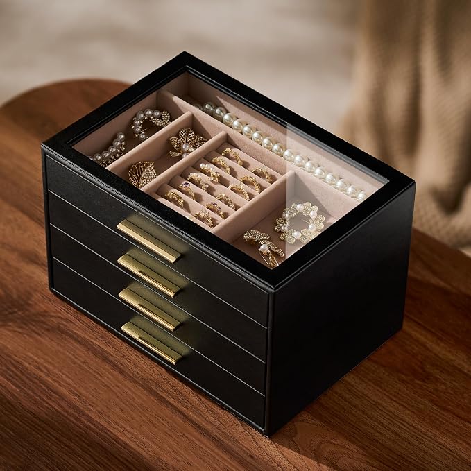 pickpiff Jewelry Box Organizer Case for Women: 4-Layer Jewelry Storage Case with Glass Window, Black Leather with Blush Velvet, Holder for Ring Necklace Bracelet Brooch Watch, Great Gift for Her - Image 4
