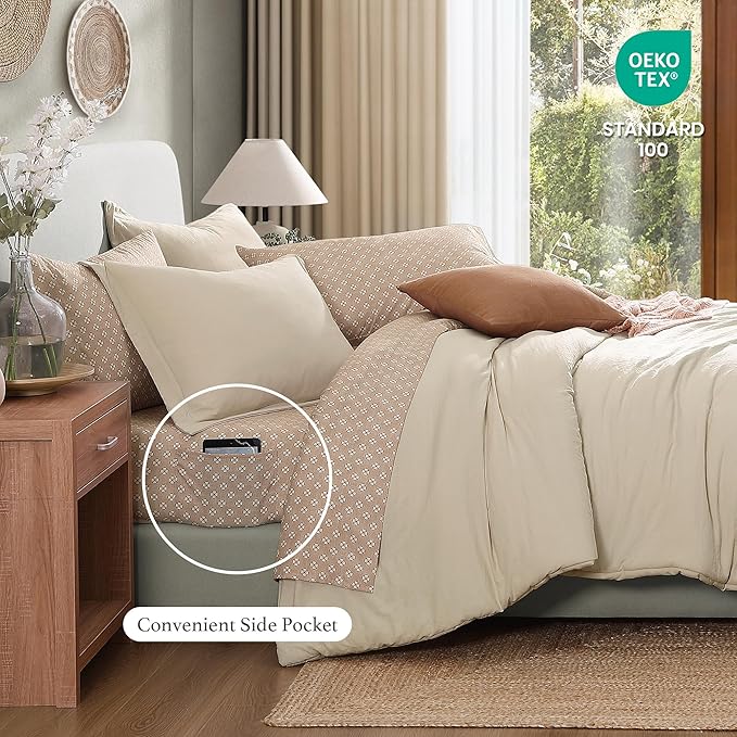 Monbix Full Size Comforter Set - 7 Pieces Oatmeal Prewashed Bed in a Bag Full Bedding Sets with Comforters, All Seasons Ultra Soft Comforter Bed Set with Sheets,Pillowcases & Shams