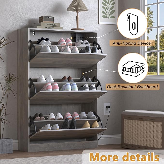 BORNOON Shoe Cabinet with Odor Control and Back Panels, Deodorizing Slim 3-Flip Shoe Storage Cabinet for Entryway, Freestanding Hidden Shoe Rack Organizer for Entrance, Hallway, Bedroom - Image 6