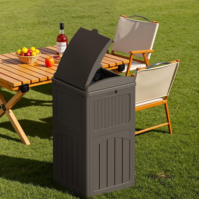 Devoko 33 Gallon Outdoor Trash Can with Dual Lid, Heavy Duty Waterproof Resin Garbage Bins Outside, Hideaway Waste Bins for Patio, Outside Pool, Backyard and Deck (2, Deep Brown) - Image 4