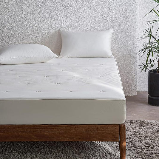 Simple&Opulence Full Size Mattress Pad Protector, 100% Cotton Top Cooling Breathable Quilted Mattress Cover Fitted Sheet Stretches up to 16 Inches Deep Pocket Non Slip Soft Bed Pad Topper-Cream Khaki