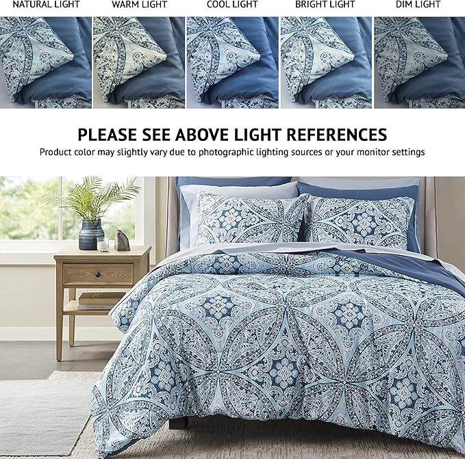 Comfort Spaces Bed in A Bag - Trendy Casual Design Cozy Comforter with Complete Sheet Set with Side Pocket, All Season Cover, Matching Shams, Queen(90"x90"), Gloria, Damask Blue 9 Piece