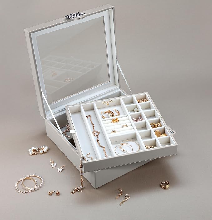 Glenor Co 28 Section Jewelry Box - 2 Layer - Buckle Snap & Magnet Closure - Large Glass Top - Leather Design - Grey - Jewelry Organizer for Women & Girls - for Earring Ring Necklace & Bracelet - Image 5