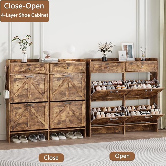 Shoe Cabinet with 4 Flip Drawers & 2 Top Drawers, 43" Tall Freestanding Narrow Wooden Shoe Storage Organizer for Entryway, Hidden Slim Shoe Rack for Front Door Entrance, Hallway, Living Room, Brown - Image 4