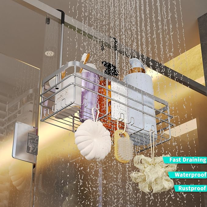 HapiRm Hanging Shower Caddy Organizer - No Drilling Shower Organizer with Hooks, Rustproof & Waterproof 304 Stainless Steel Bathroom Shelves - Silver (1 Basket) - Image 5